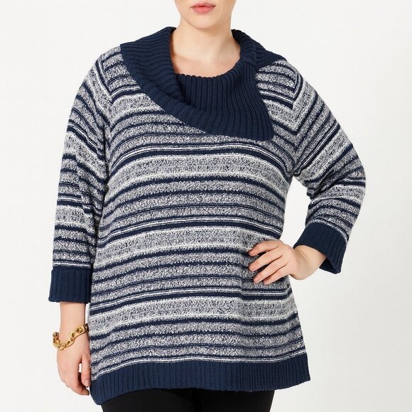 Catherines 2X Sweater Striped Knit Cowl Neck Pullover Navy Gray Plus Size Cozy - Picture 1 of 14